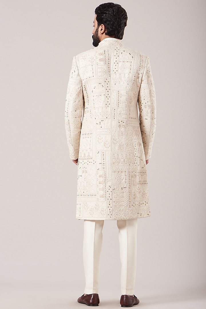 Off-White Matka Fabric Embroidered Groom Sherwani Set by Sarab Khanijou at Pernia's Pop Up Shop