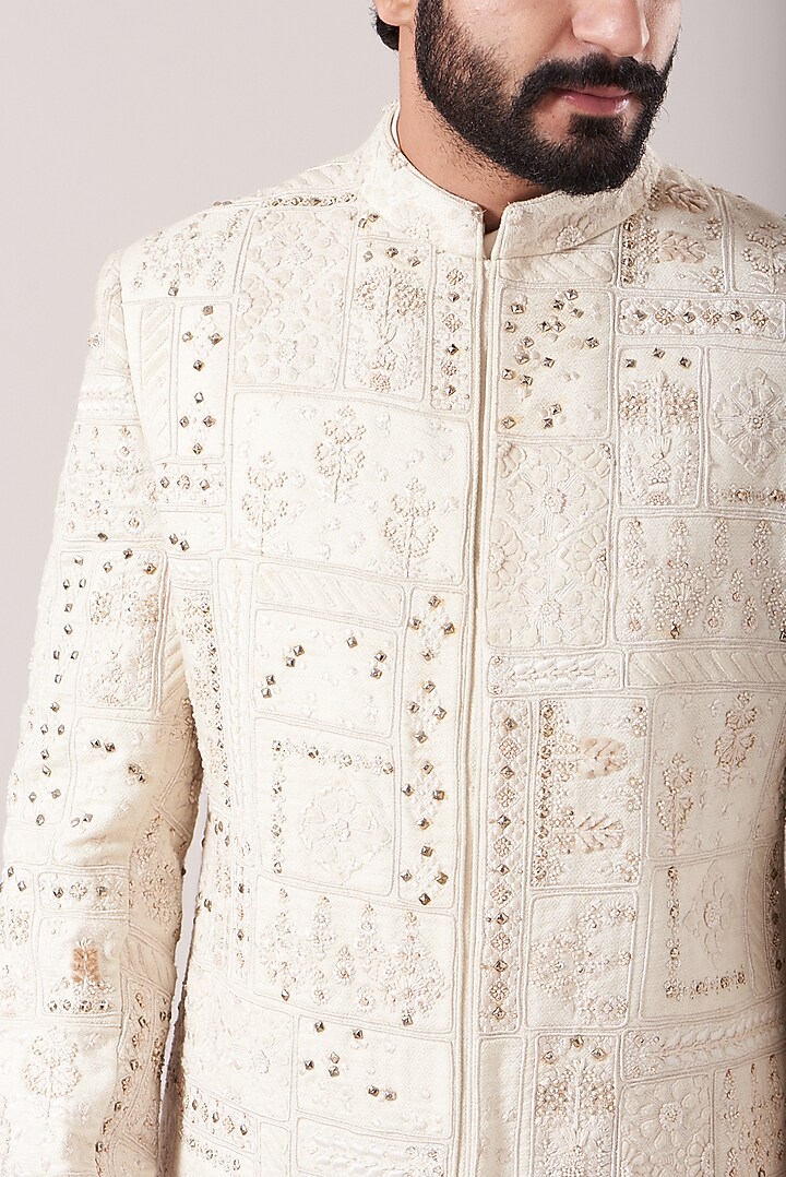 Off-White Matka Fabric Embroidered Groom Sherwani Set by Sarab Khanijou at Pernia's Pop Up Shop