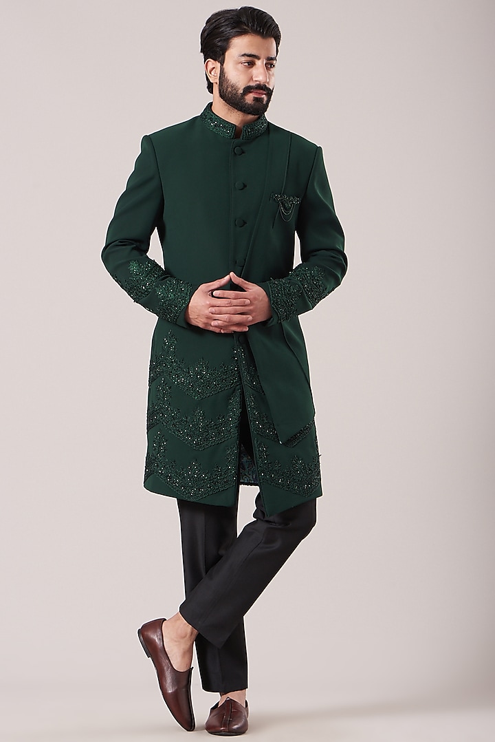 Emerald Green Sandwash Embroidered Indo Western Jacket Set by Sarab Khanijou at Pernia's Pop Up Shop