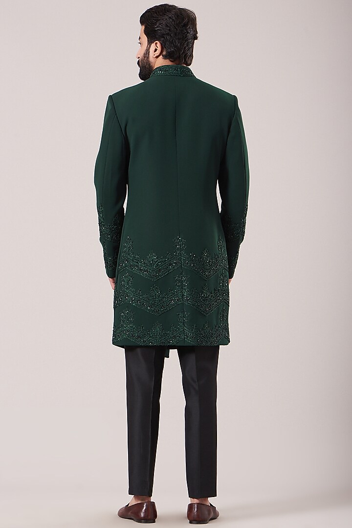 Emerald Green Sandwash Embroidered Bandhgala Jacket Set by Sarab Khanijou at Pernia's Pop Up Shop