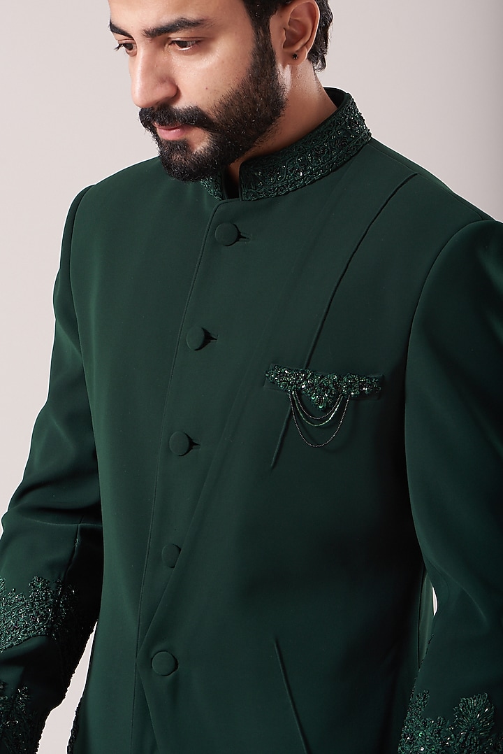 Emerald Green Sandwash Embroidered Bandhgala Jacket Set by Sarab Khanijou at Pernia's Pop Up Shop