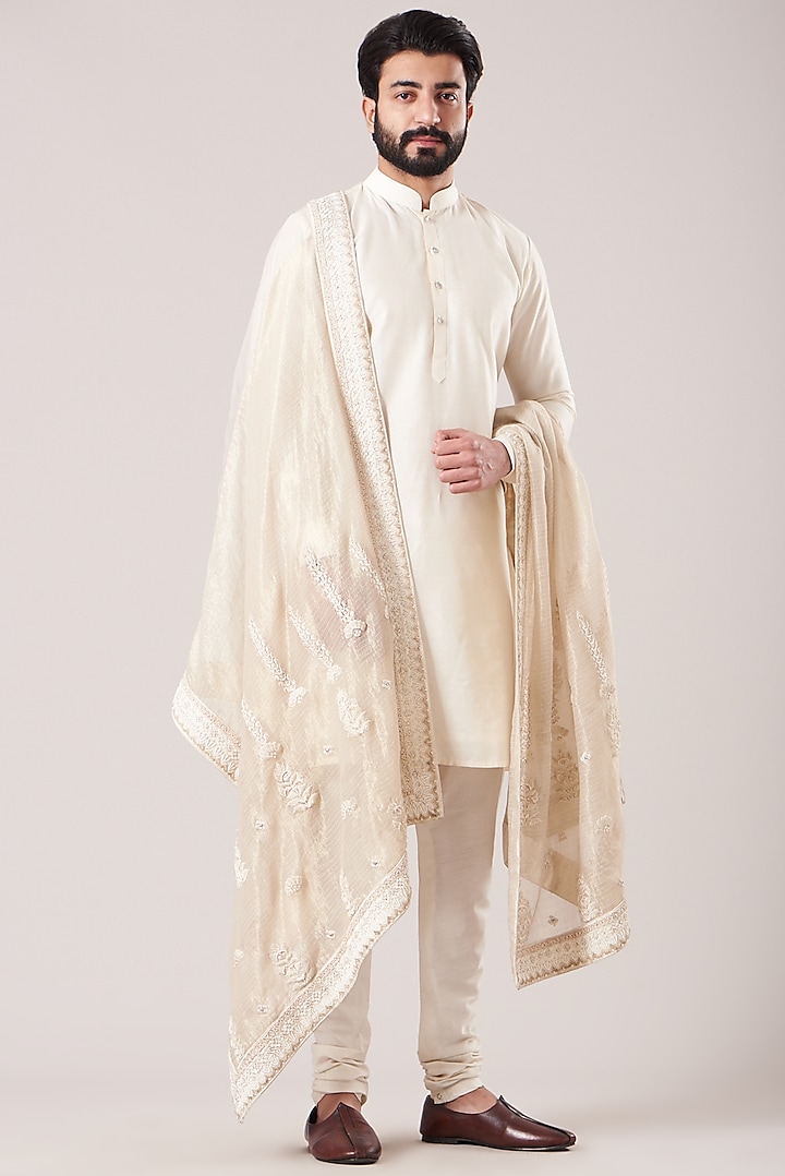 White Cotton Silk Kurta Set by Sarab Khanijou