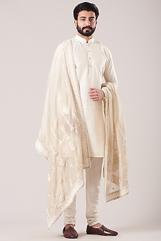 White Cotton Silk Kurta Set by sarab khanijou