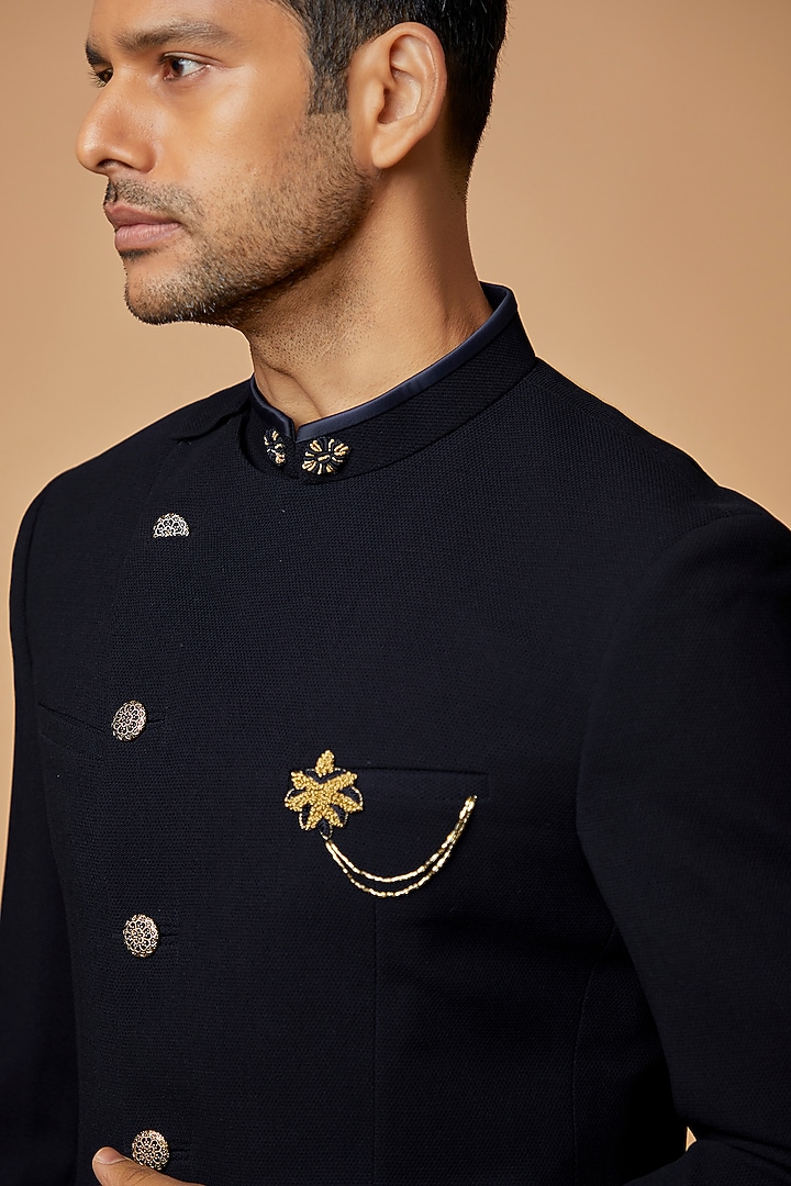 Navy Blue Korean Fabric Wedding Bandhgala Set by Sarab Khanijou at Pernia's Pop Up Shop