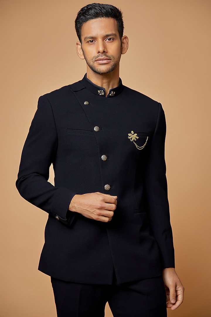 Navy Blue Korean Fabric Wedding Bandhgala Set by Sarab Khanijou at Pernia's Pop Up Shop