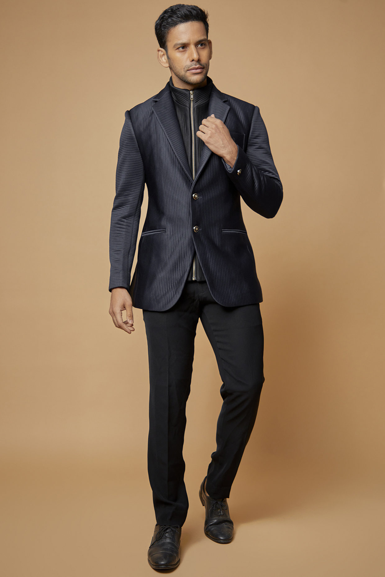 Blue & Black Jacquard Blazer Set by Sarab Khanijou