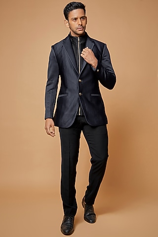 Blue & Black Jacquard Blazer Set by Sarab Khanijou