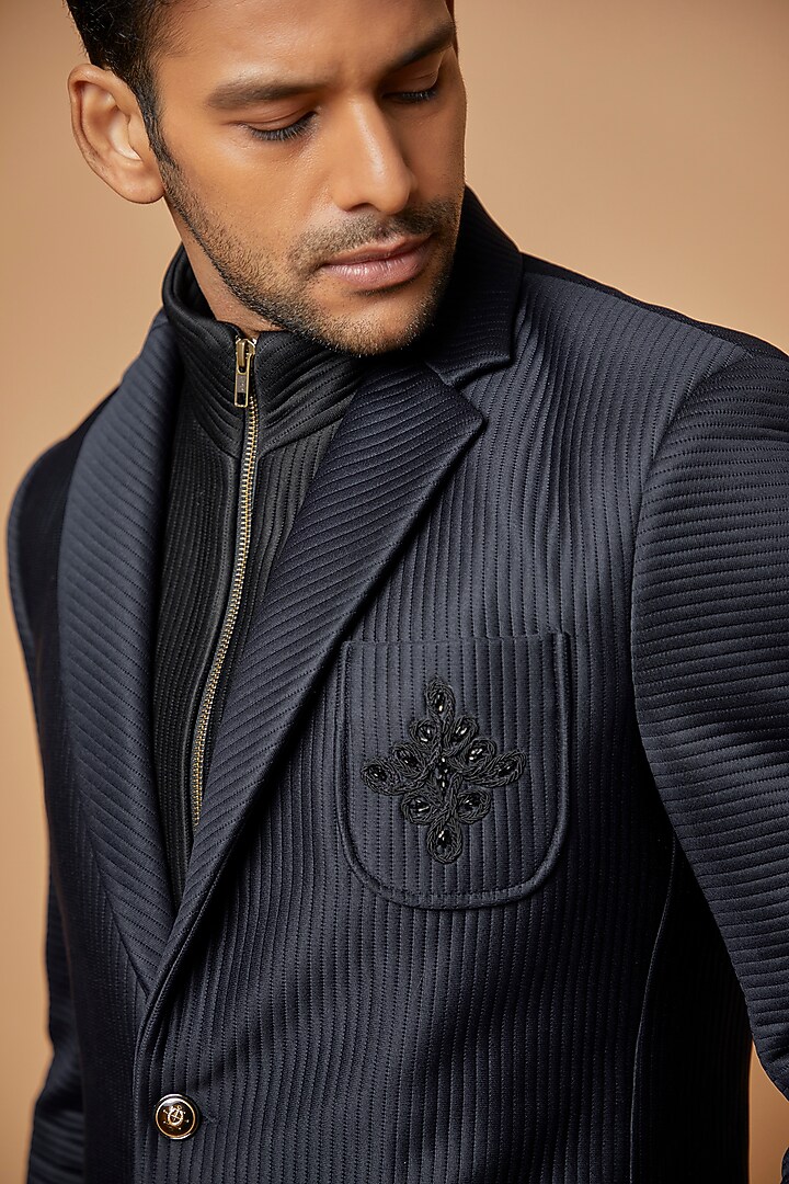 Blue & Black Jacquard Blazer Set by Sarab Khanijou at Pernia's Pop Up Shop