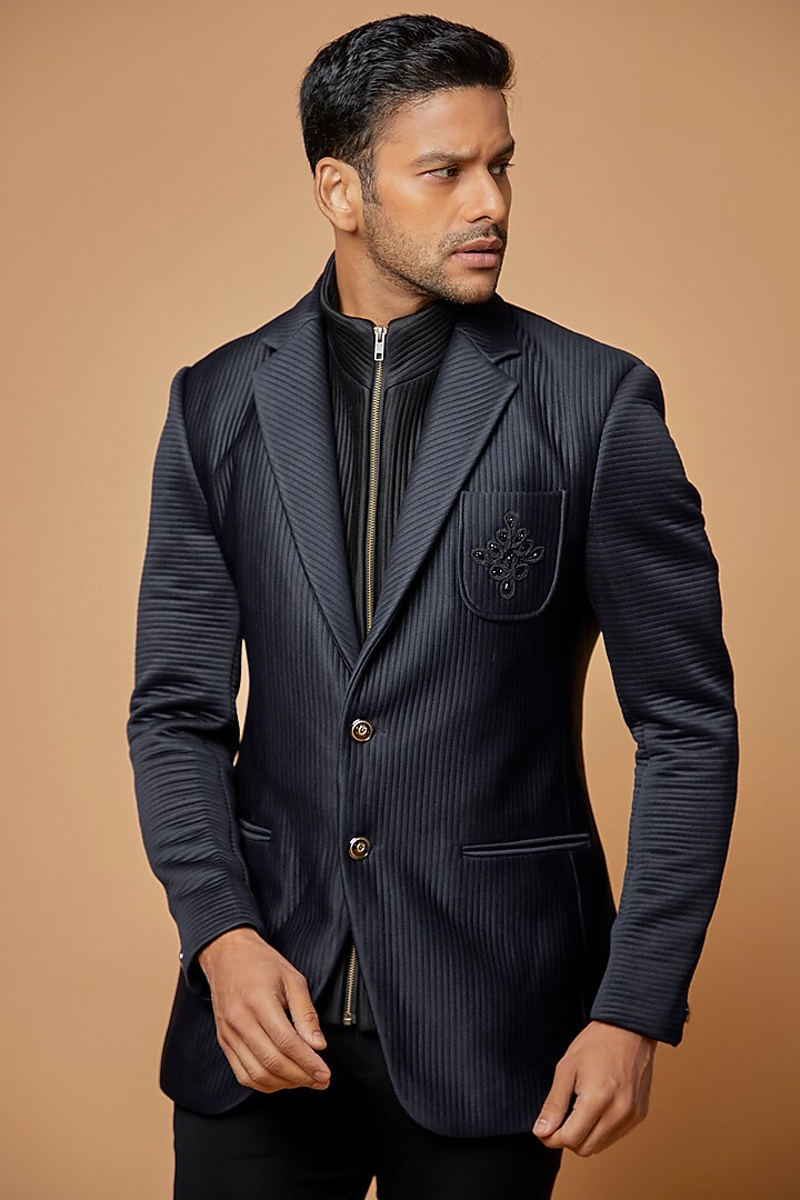 Blue & Black Jacquard Blazer Set by Sarab Khanijou at Pernia's Pop Up Shop