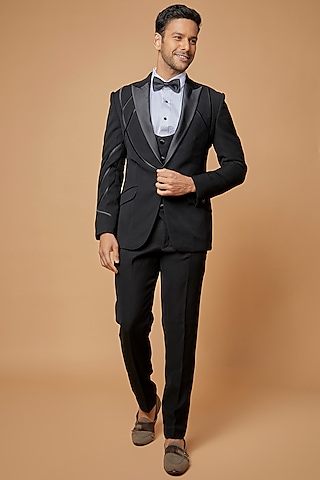 Black Jacquard Tuxedo Set by Sarab Khanijou