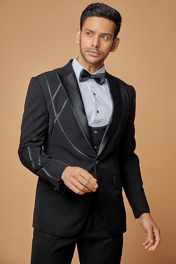 Black Jacquard Tuxedo Set by Sarab Khanijou at Pernia's Pop Up Shop