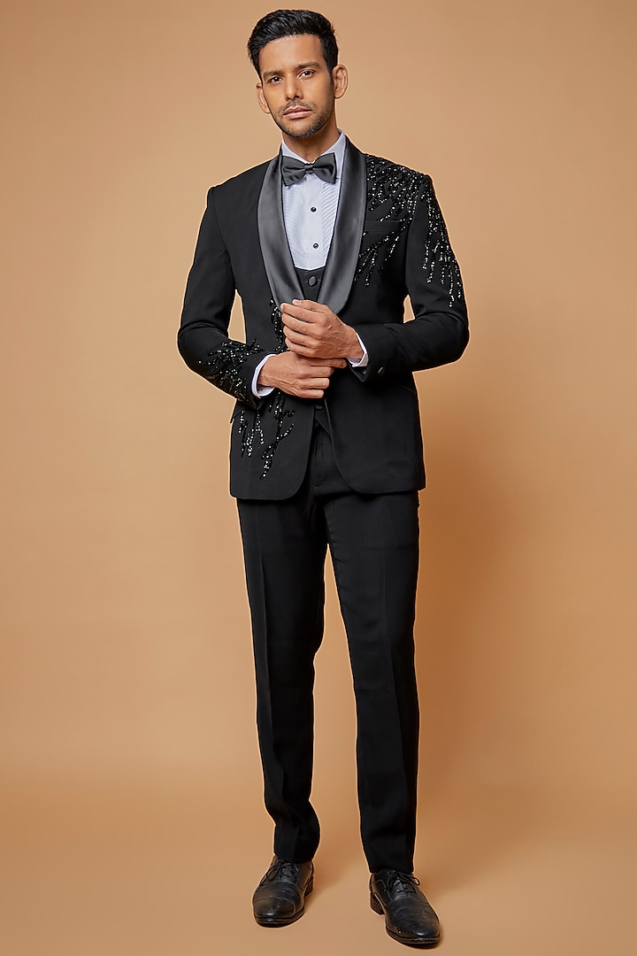 Black Jacquard Embellished Tuxedo Set by Sarab Khanijou