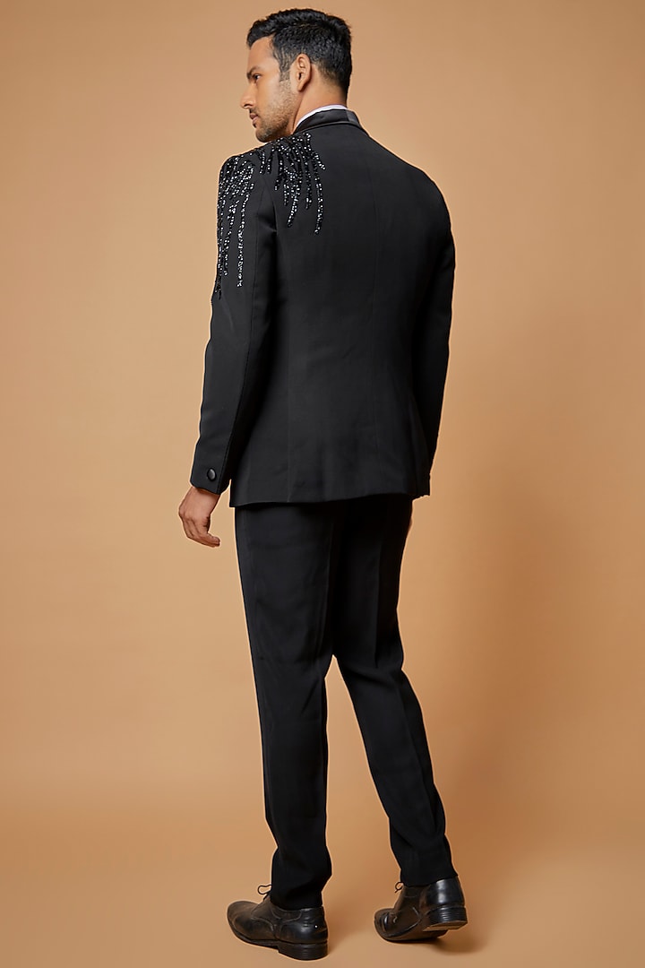 Black Jacquard Embellished Tuxedo Set by Sarab Khanijou at Pernia's Pop Up Shop