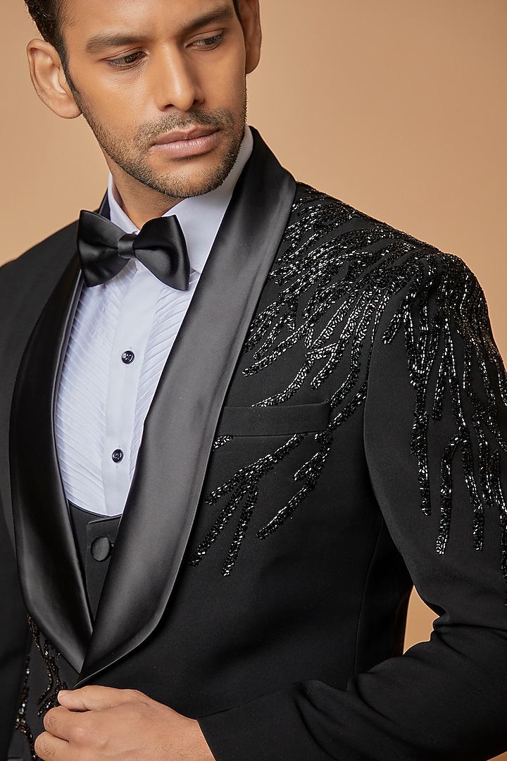 Black Jacquard Embellished Tuxedo Set by Sarab Khanijou at Pernia's Pop Up Shop