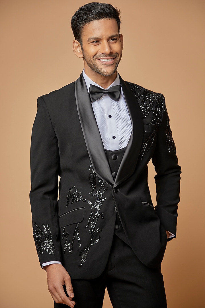 Black Jacquard Embellished Tuxedo Set by Sarab Khanijou at Pernia's Pop Up Shop