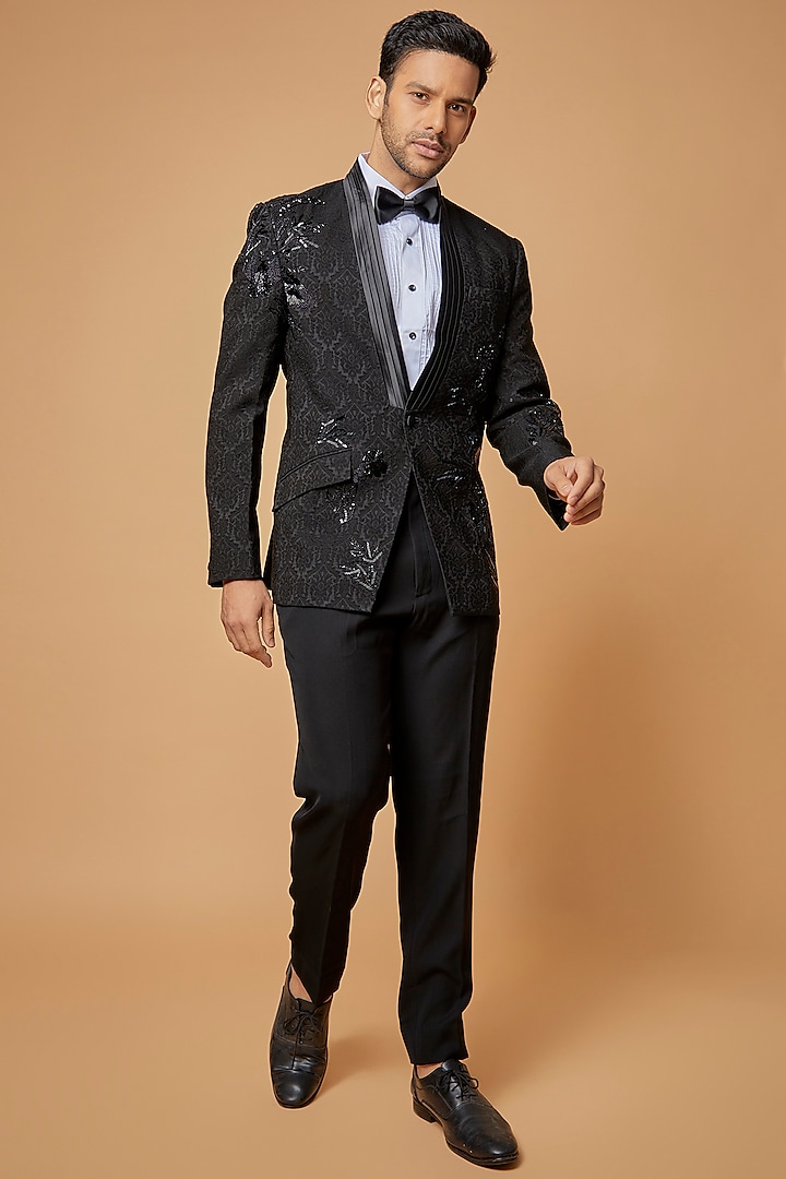 Black Jacquard Tuxedo Set by Sarab Khanijou