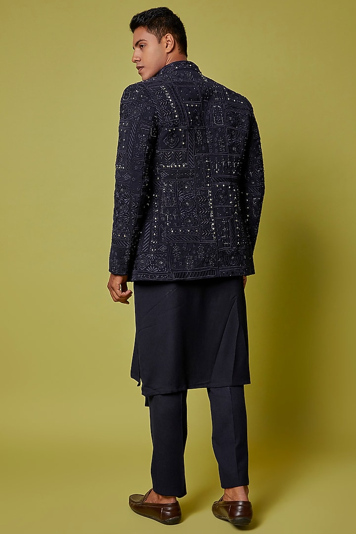 Navy Blue Silk Embroidered Jacket Set  by Sarab Khanijou at Pernia's Pop Up Shop