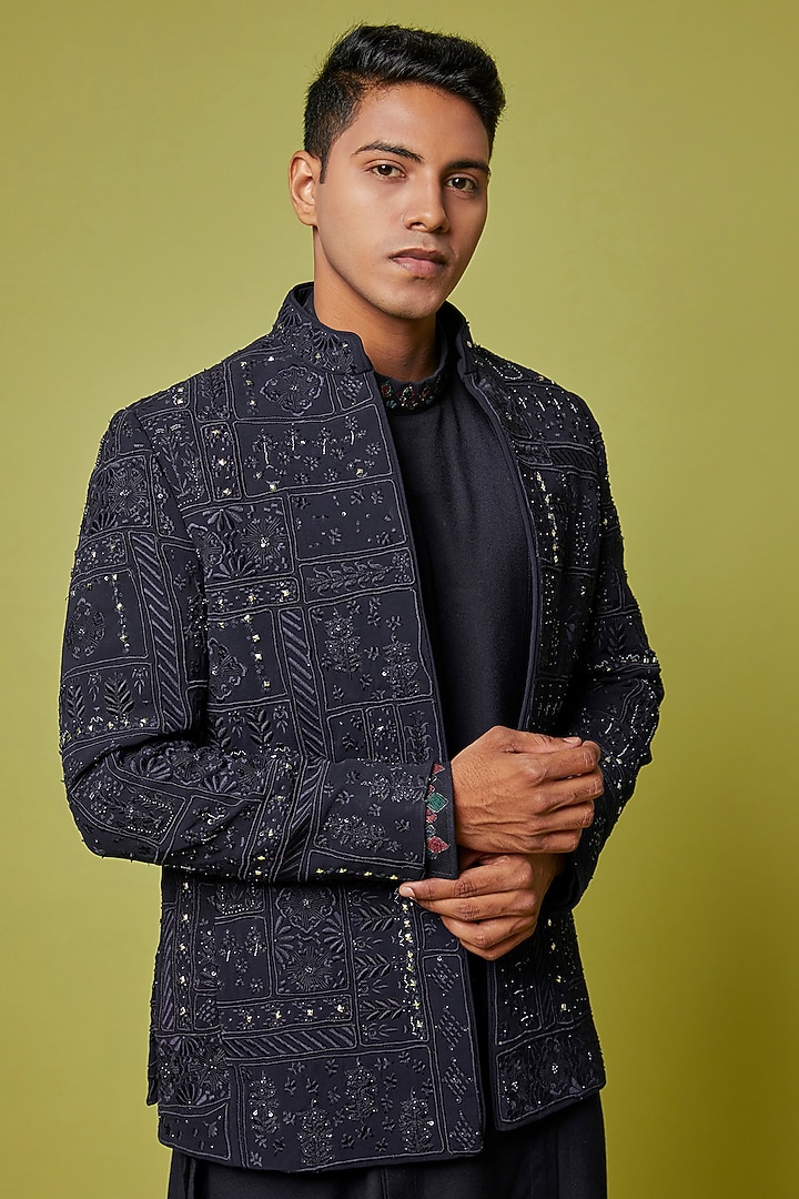 Navy Blue Silk Embroidered Jacket Set  by Sarab Khanijou at Pernia's Pop Up Shop