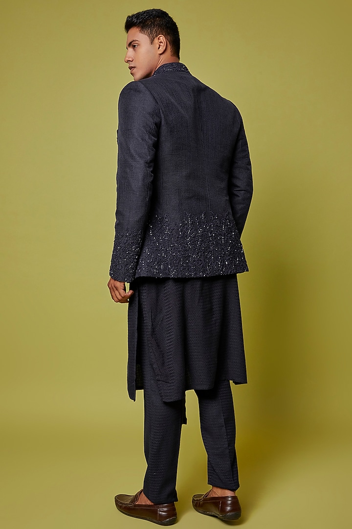 Navy Blue Silk Embroidered Open Jacket Set by Sarab Khanijou at Pernia's Pop Up Shop