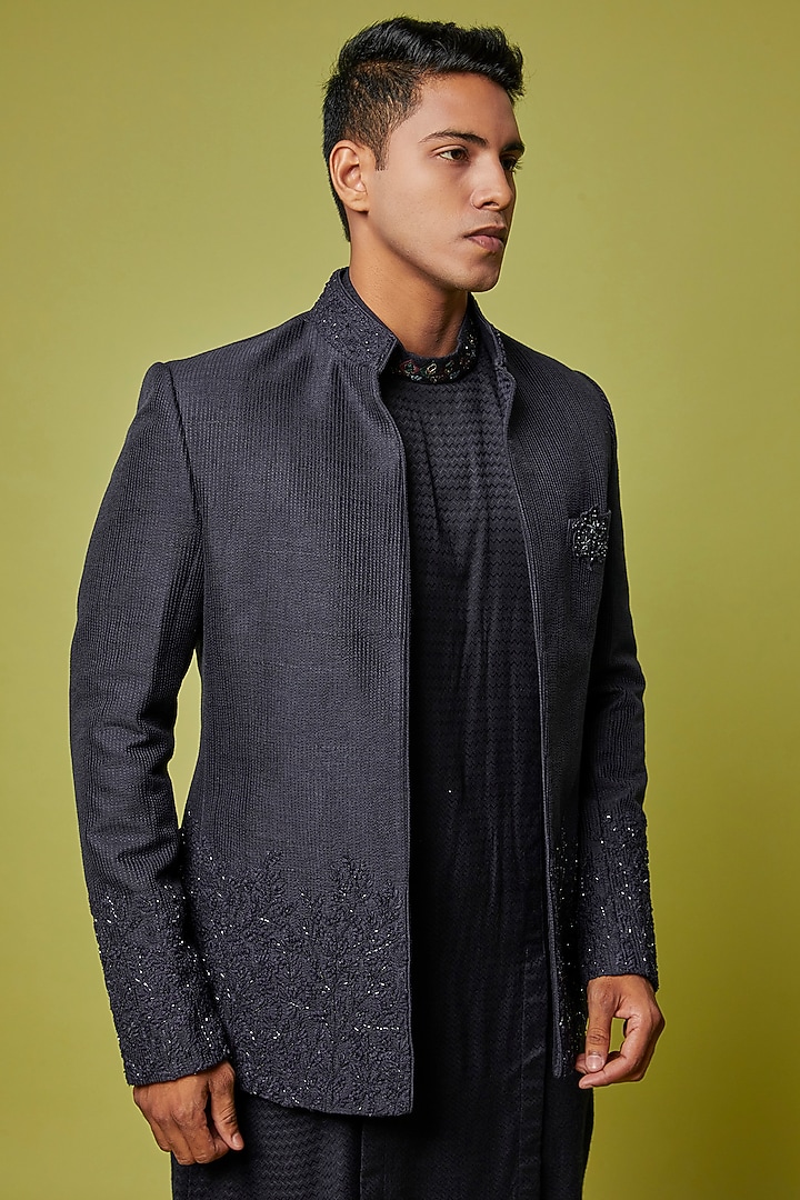 Navy Blue Silk Embroidered Open Jacket Set by Sarab Khanijou at Pernia's Pop Up Shop