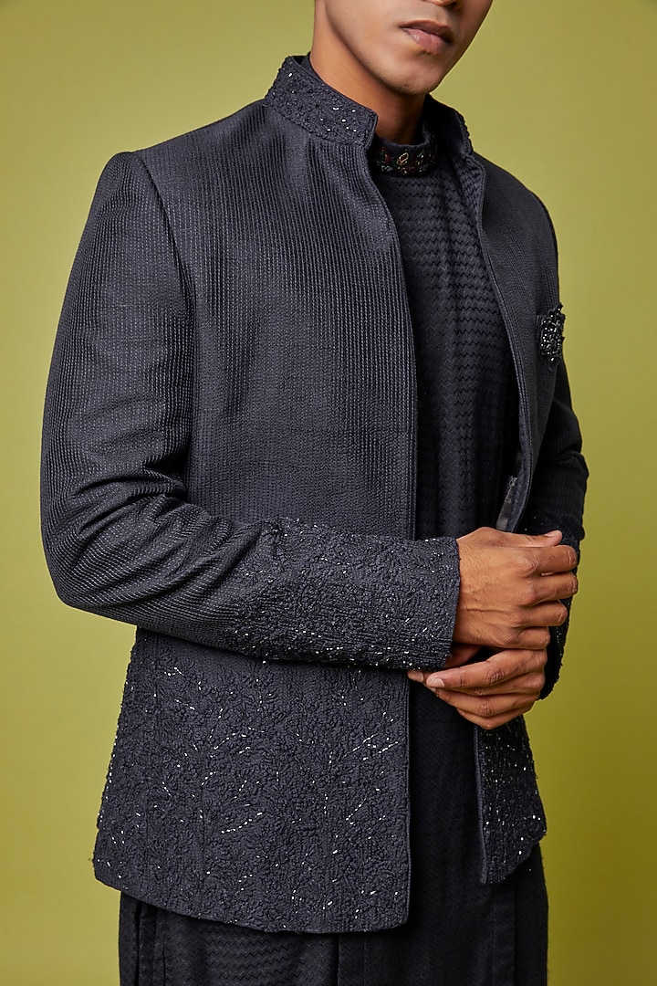 Navy Blue Silk Embroidered Open Jacket Set by Sarab Khanijou at Pernia's Pop Up Shop