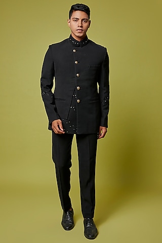 Black Suiting Embroidered Bandhgala Set by Sarab Khanijou