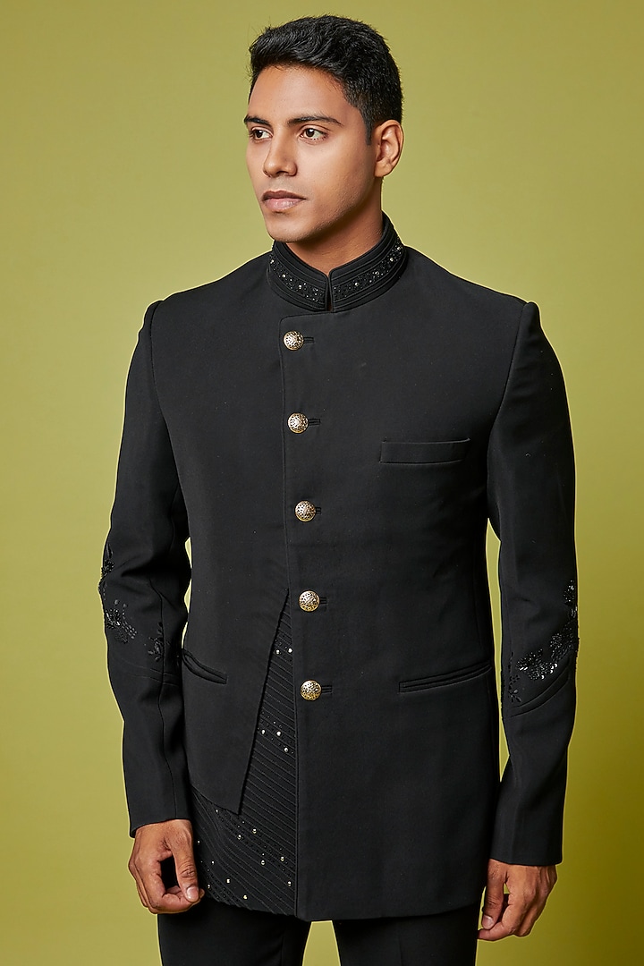 Black Suiting Embroidered Wedding Bandhgala Set by Sarab Khanijou at Pernia's Pop Up Shop