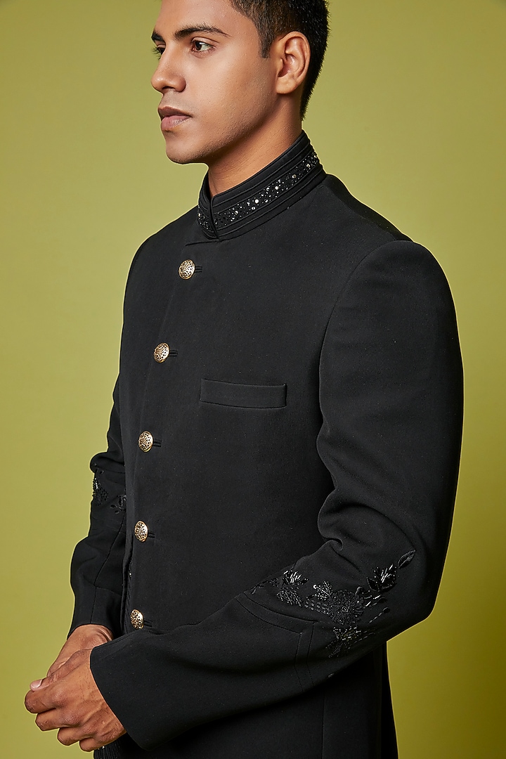 Black Suiting Embroidered Wedding Bandhgala Set by Sarab Khanijou at Pernia's Pop Up Shop
