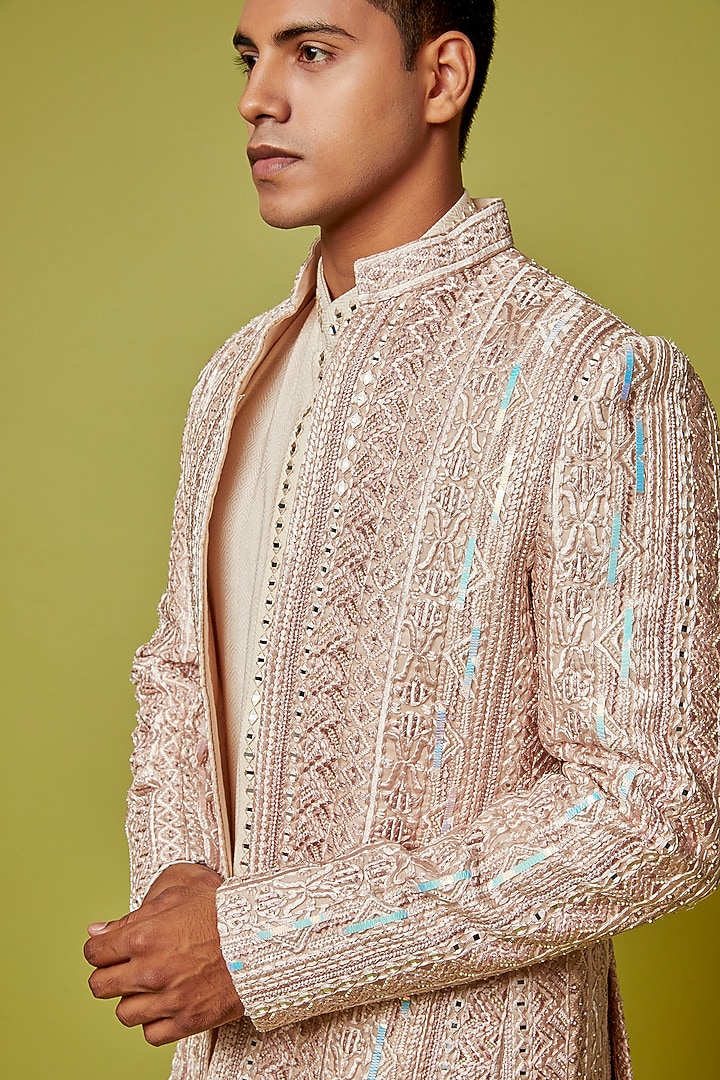 Blush Pink Cotton Silk Embroidered Groom Indowestern Jacket Set by Sarab Khanijou at Pernia's Pop Up Shop