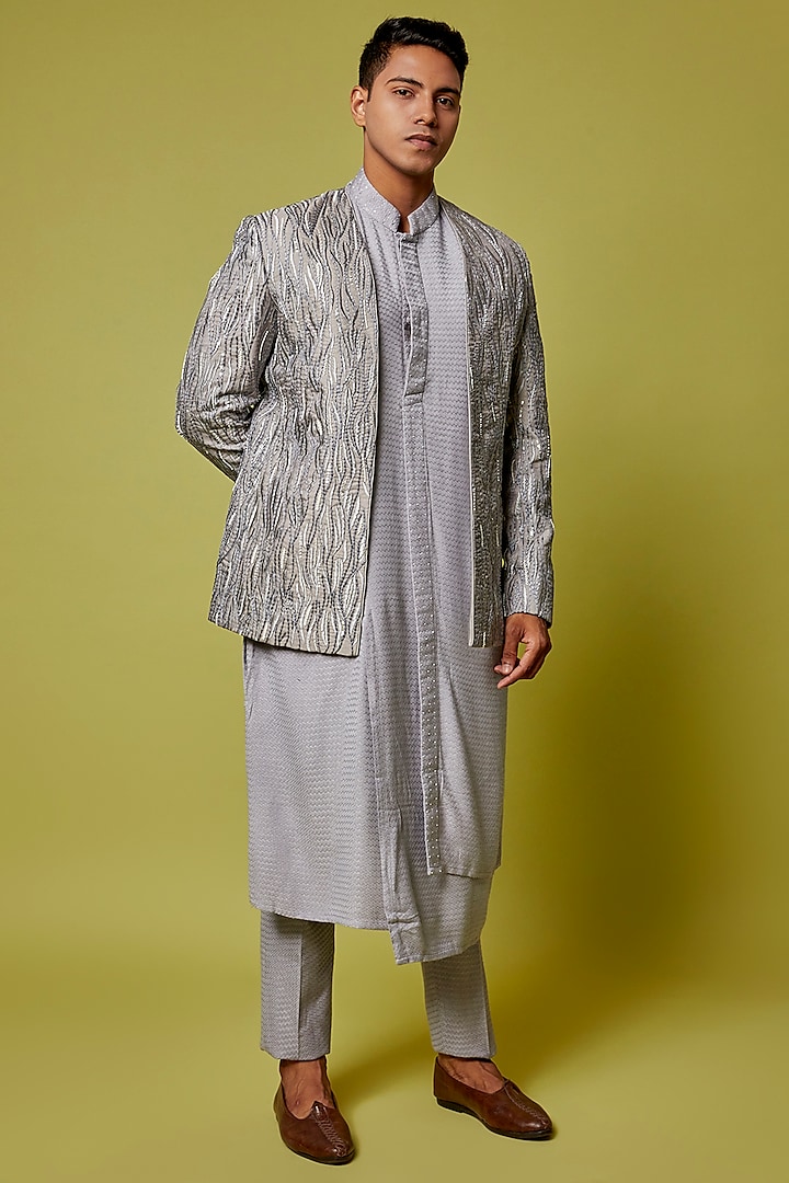 Grey Raw Silk Embroidered Jacket With Kurta Set by Sarab Khanijou