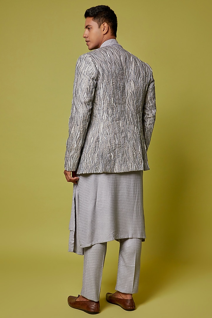 Grey Raw Silk Thread Embroidered Groom Indowestern Jacket Set by Sarab Khanijou at Pernia's Pop Up Shop