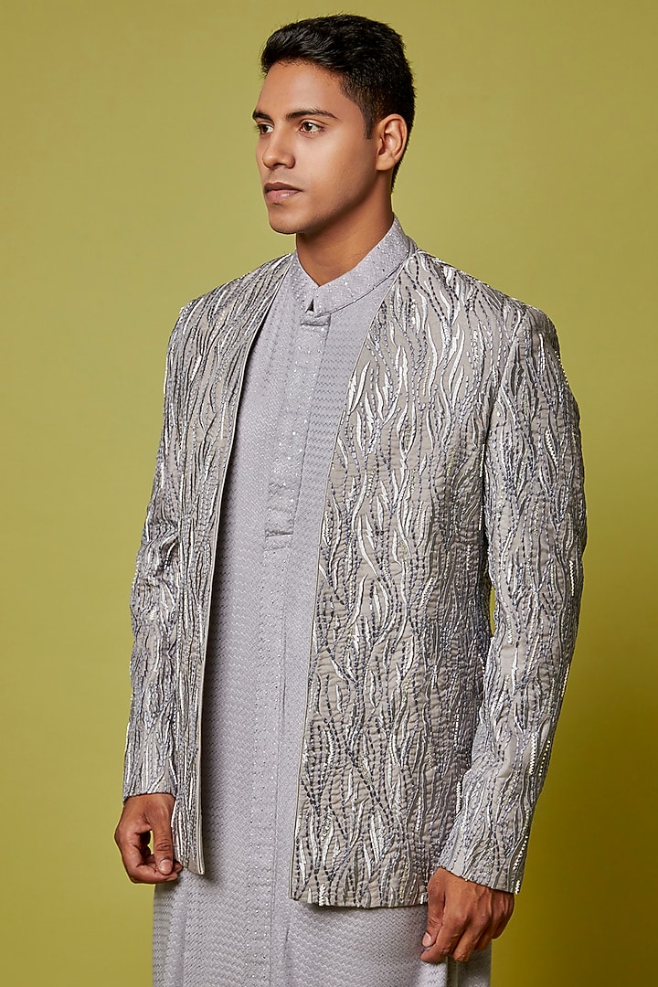 Grey Raw Silk Thread Embroidered Groom Indowestern Jacket Set by Sarab Khanijou at Pernia's Pop Up Shop