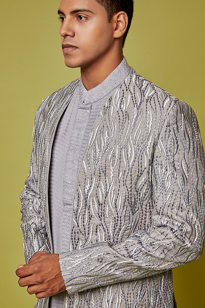 Grey Raw Silk Thread Embroidered Groom Indowestern Jacket Set by Sarab Khanijou at Pernia's Pop Up Shop