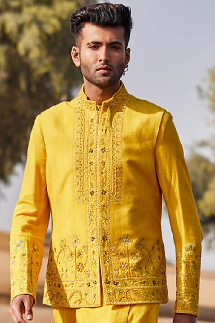 Yellow Silk Floral & Thread Embroidered Bundi Jacket Set by Sarab Khanijou at Pernia's Pop Up Shop