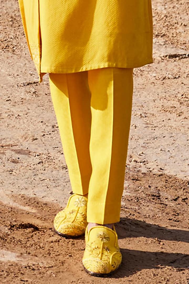Yellow Silk Thread Embroidered Groom Indowestern Set by Sarab Khanijou at Pernia's Pop Up Shop