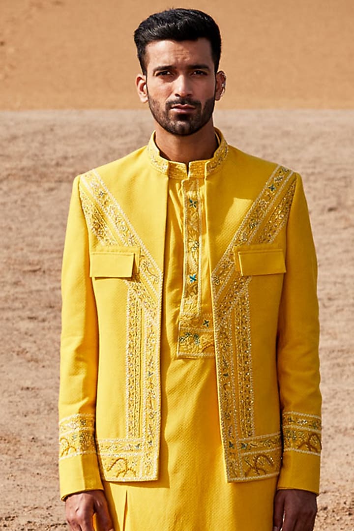 Yellow Silk Thread Embroidered Groom Indowestern Set by Sarab Khanijou at Pernia's Pop Up Shop
