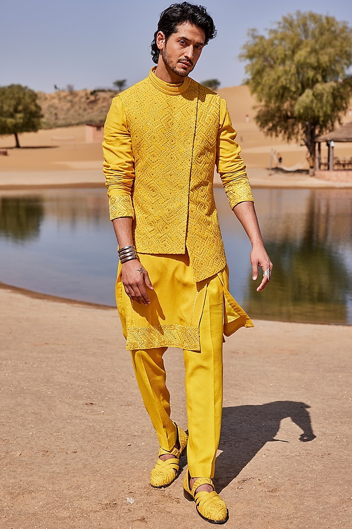 Yellow Silk Thread & Pearl Embroidered Indowestern Set by Sarab Khanijou