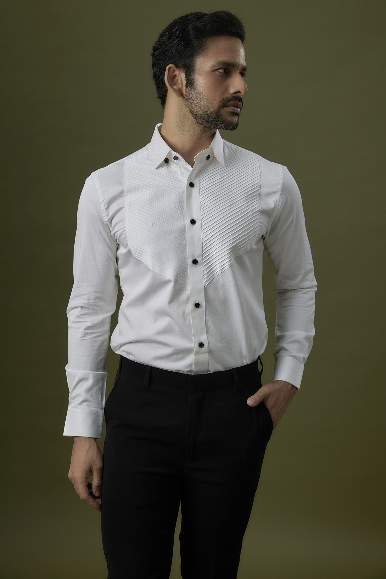 White Cotton Pintuck Shirt by Sarab Khanijou