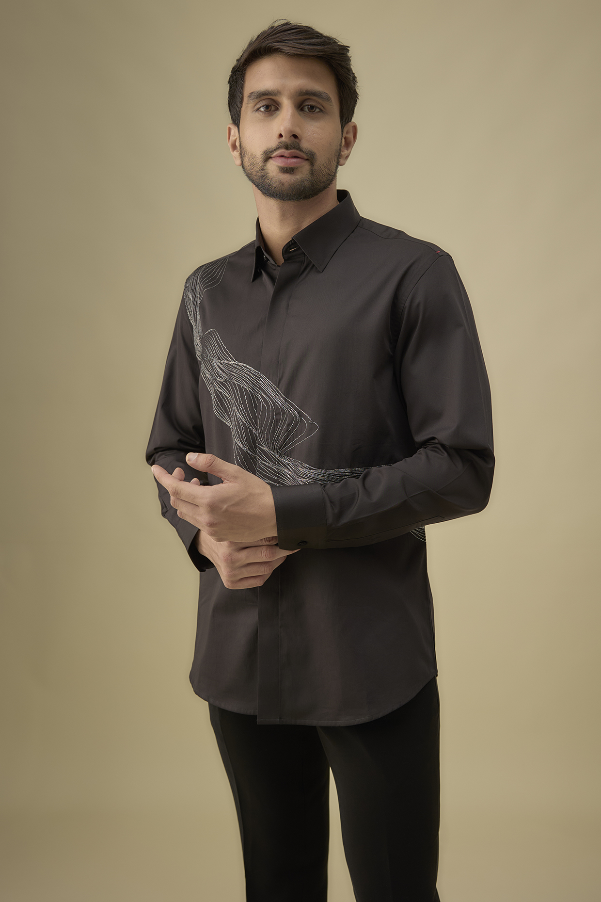 Black Cotton Embroidered Shirt by Sarab Khanijou