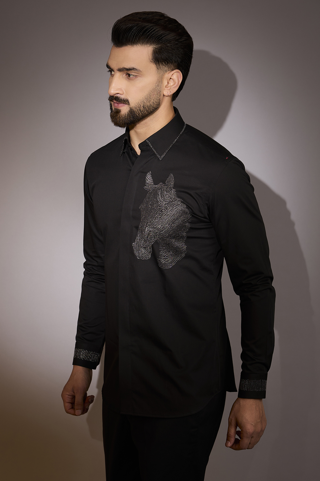 Black Cotton Embroidered Shirt by Sarab Khanijou