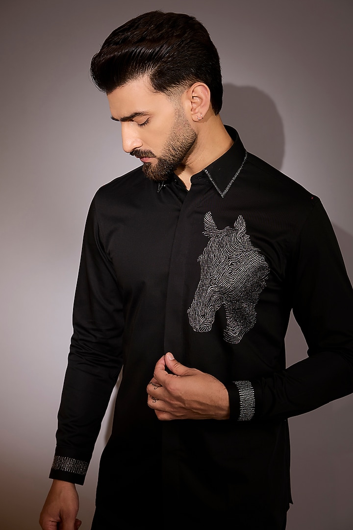 Black Cotton Embroidered Party Wear Shirt by Sarab Khanijou at Pernia's Pop Up Shop