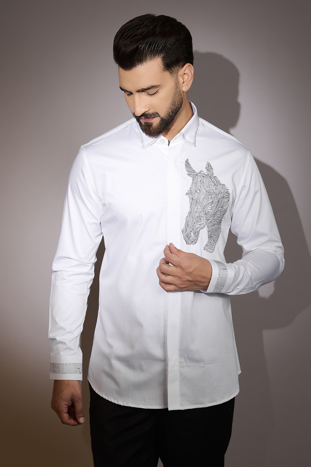 White Cotton Embroidered Shirt by Sarab Khanijou