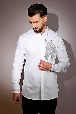 White Cotton Embroidered Shirt by Sarab Khanijou