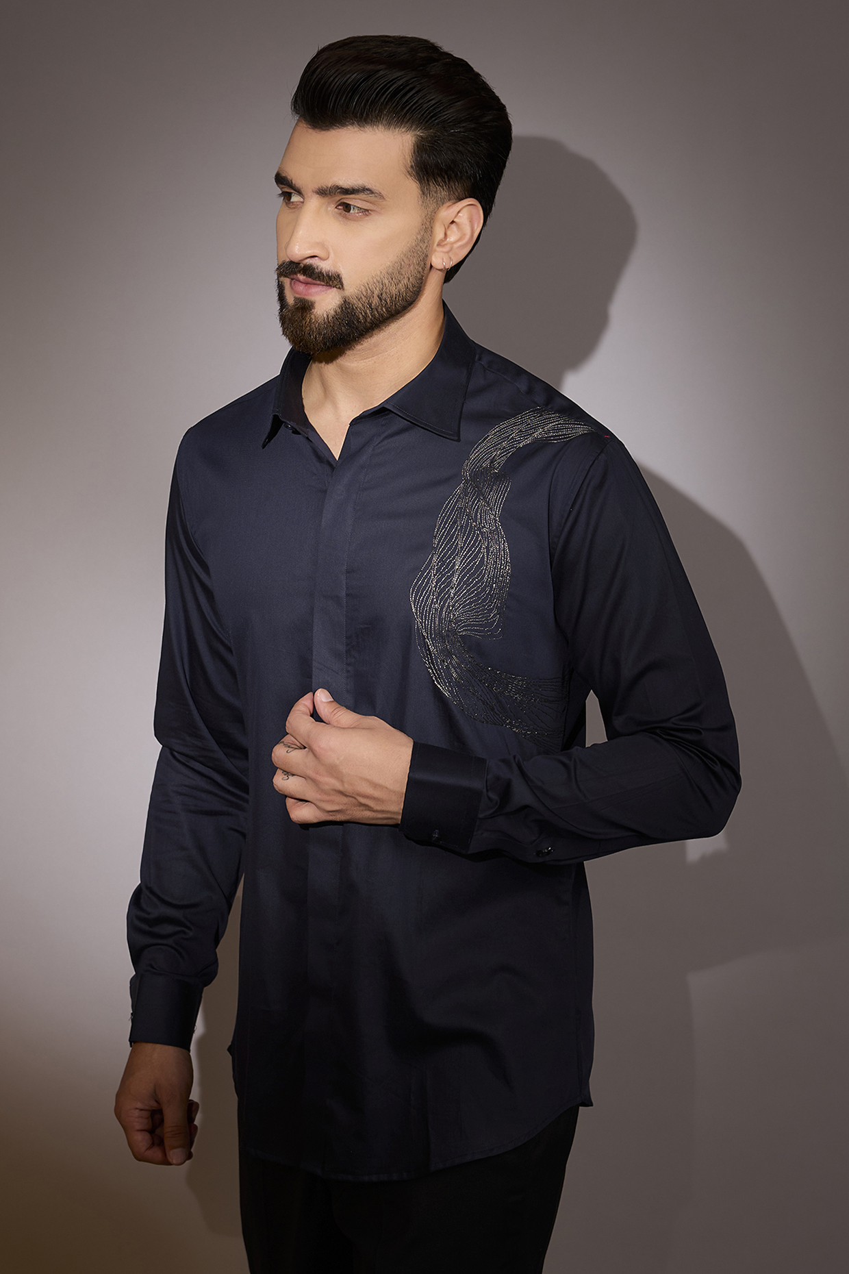 Navy Blue Cotton Embroidered Shirt by Sarab Khanijou
