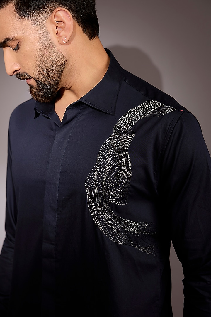 Navy Blue Cotton Embroidered Party Wear Shirt by Sarab Khanijou at Pernia's Pop Up Shop