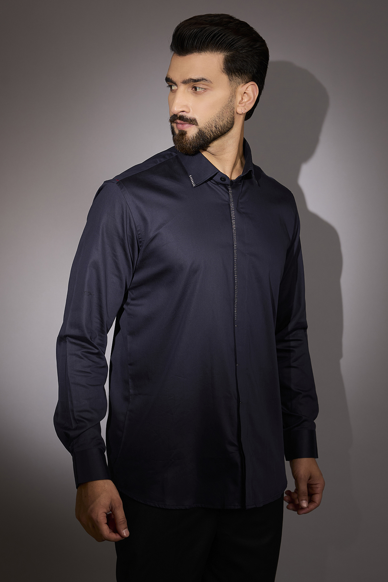 Navy Blue Cotton Embroidered Shirt by Sarab Khanijou