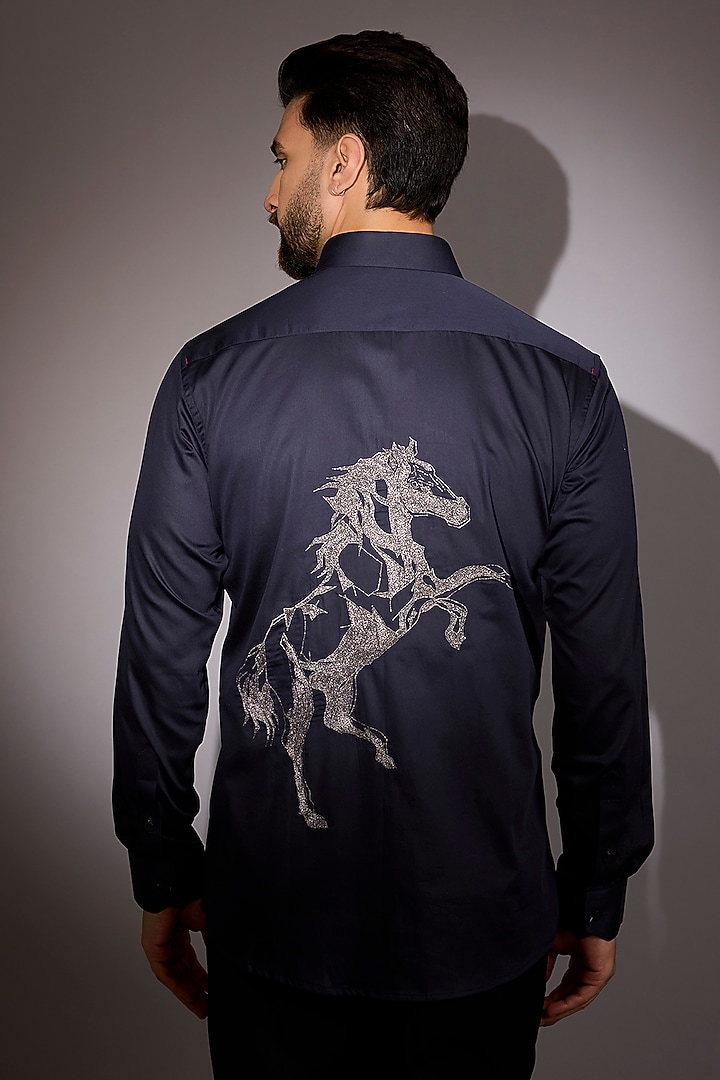 Navy Blue Cotton Embroidered Party Wear Shirt by Sarab Khanijou at Pernia's Pop Up Shop