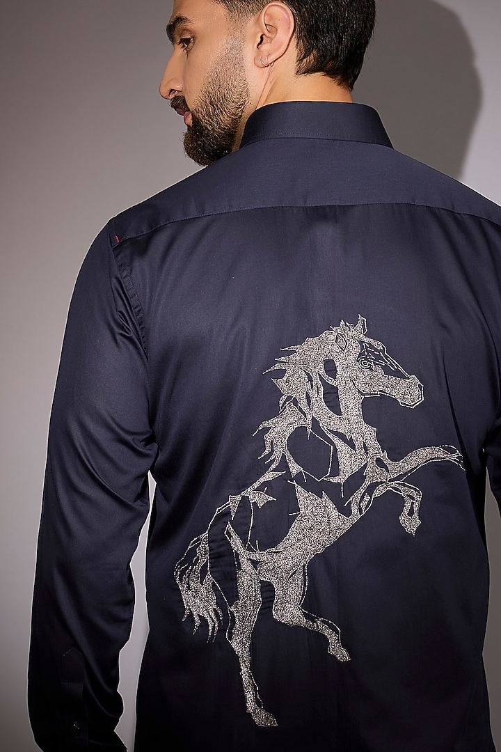 Navy Blue Cotton Embroidered Party Wear Shirt by Sarab Khanijou at Pernia's Pop Up Shop
