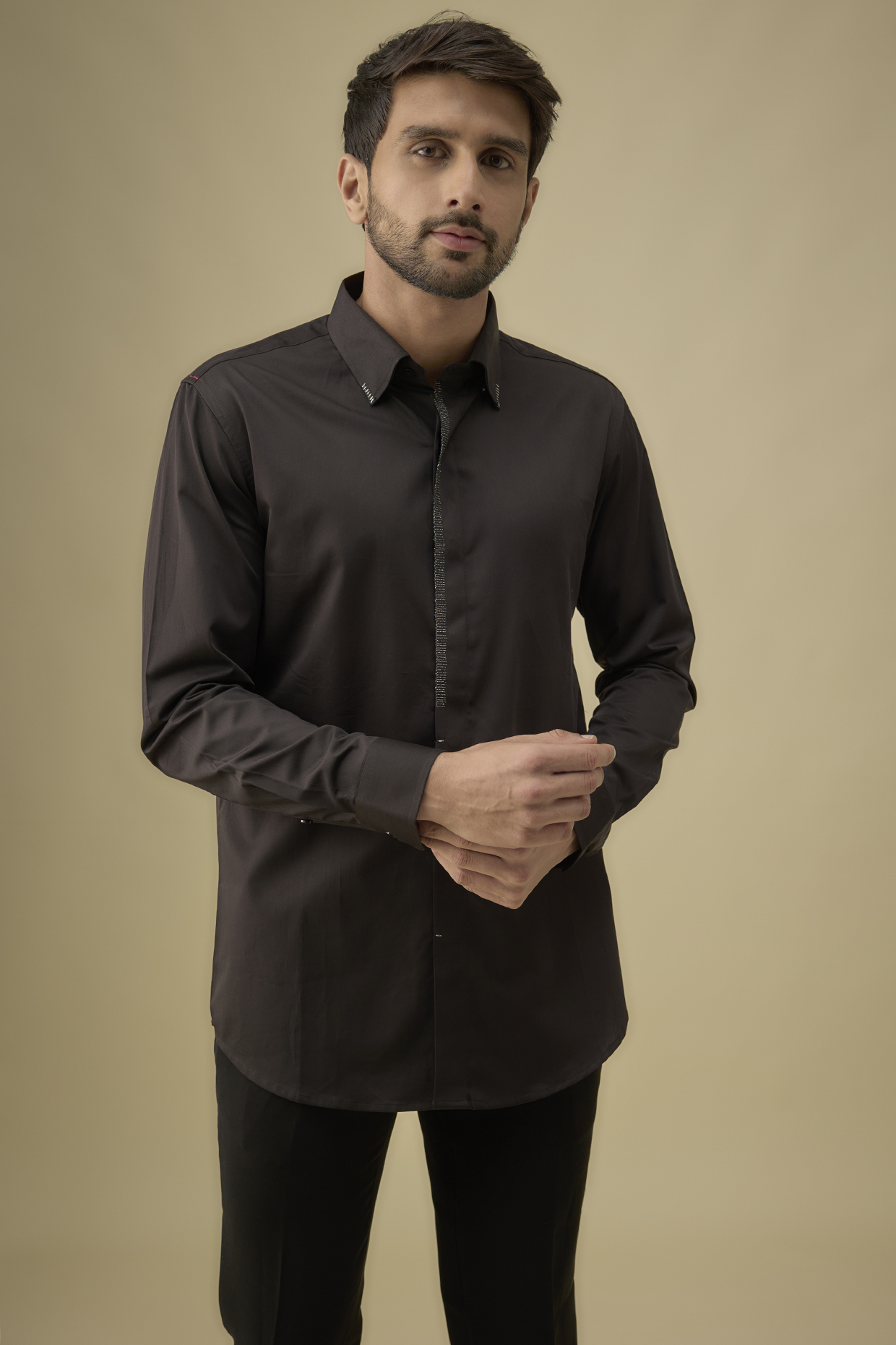 Black Cotton Embroidered Shirt by Sarab Khanijou