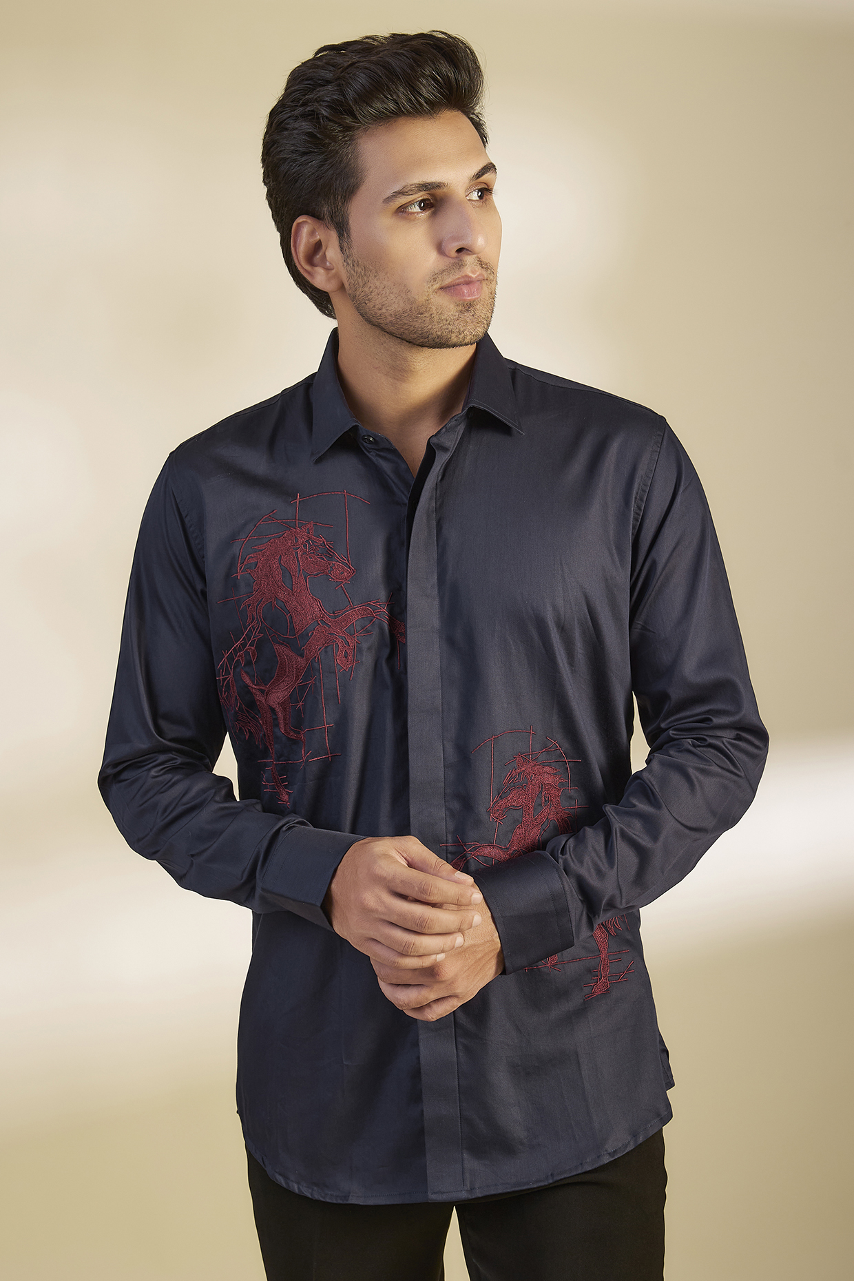 Navy Blue Cotton Pintuck Shirt by Sarab Khanijou